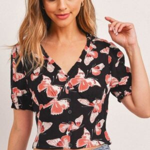 Butterfly Vneck Crop Smocked Back Waist